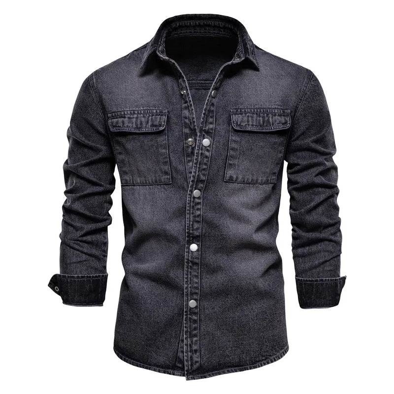 Men’s 100% Cotton Denim Shirt – Thick Long Sleeve Casual Button-Up