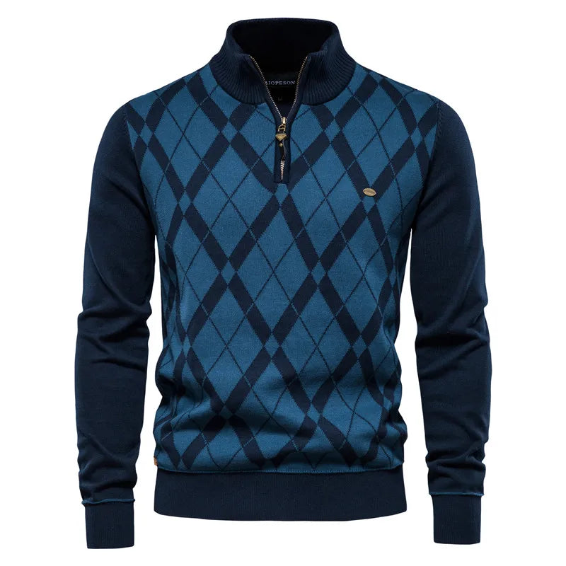 Men's Argyle Mock Neck Sweater – Cotton, Zipper Pullover, Warm Winter Knit