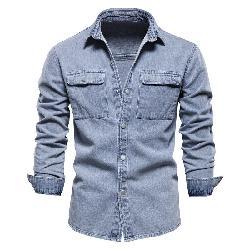 Men’s 100% Cotton Denim Shirt – Thick Long Sleeve Casual Button-Up