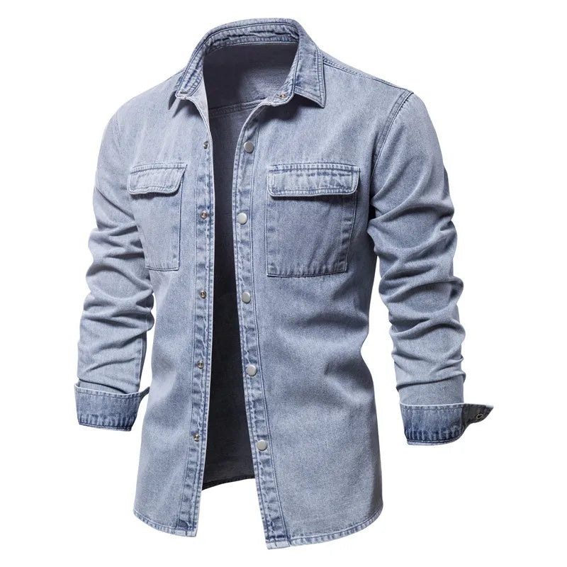 Men’s 100% Cotton Denim Shirt – Thick Long Sleeve Casual Button-Up