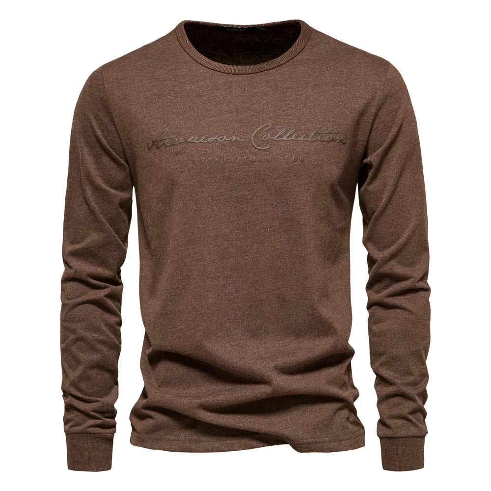 Men’s 100% Cotton Long Sleeve T-Shirt – Solid Color with Letter Print