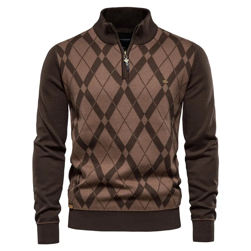 Men's Argyle Mock Neck Sweater – Cotton, Zipper Pullover, Warm Winter Knit