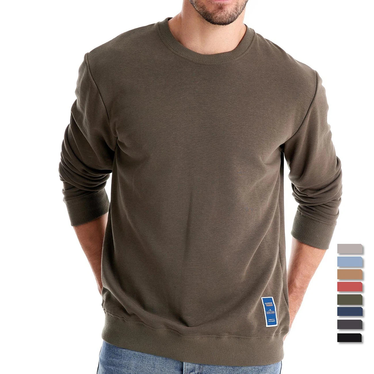 Men's Solid Crew Neck Sweatshirt - Cotton-Blend Casual Pullover