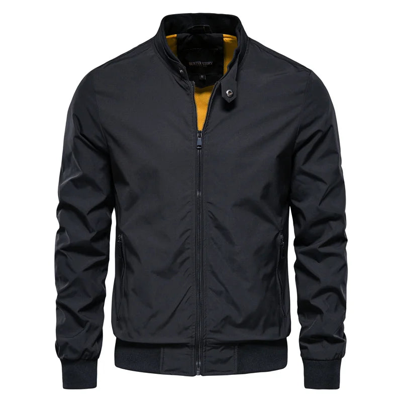 Men’s Solid Color Bomber Jacket – Slim Fit Stand Collar for Autumn