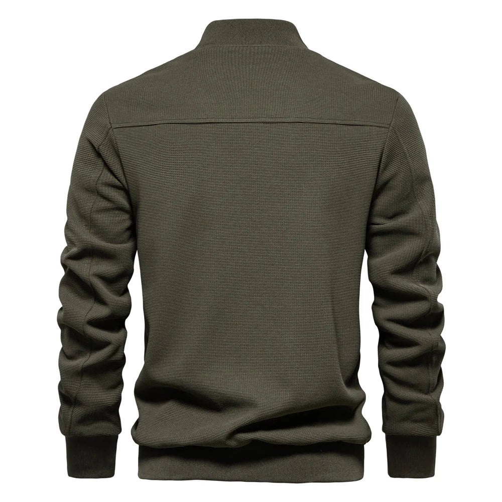 Men’s Waffle Fleece-Lined Bomber Jacket – Warm Zipper Pocket Outerwear