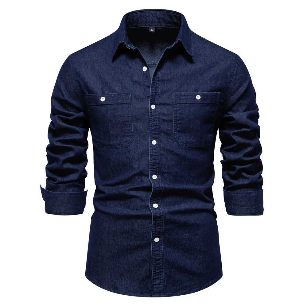 Men’s Autumn Denim Shirt – Slim Fit Cotton-Elastic Double Pocket