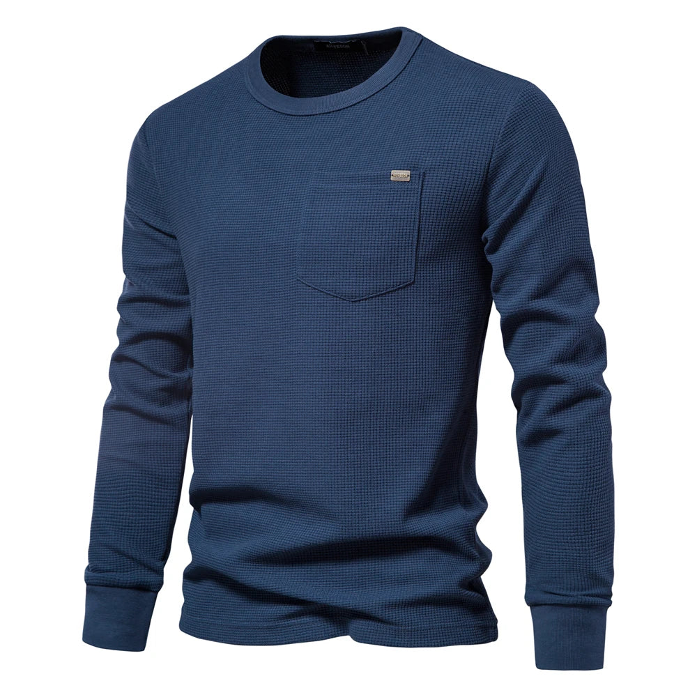 Men's Waffle Cotton Long Sleeve T-Shirt with Pocket - Breathable Spring Basic