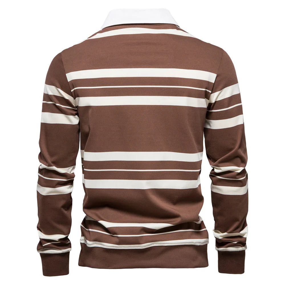 Men’s Cotton Striped Polo Shirt – Long Sleeve Zipper Design