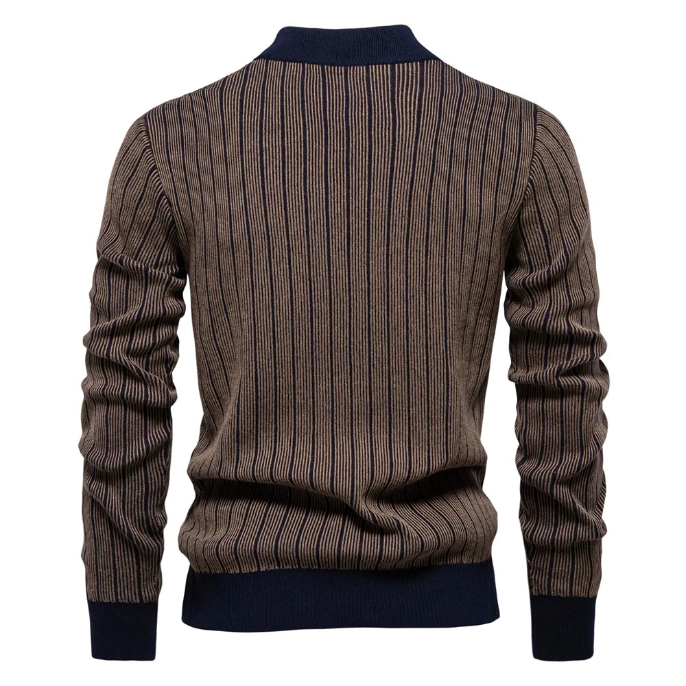 Men’s Mock Neck Cotton Pullover Sweater – Warm Striped Knit