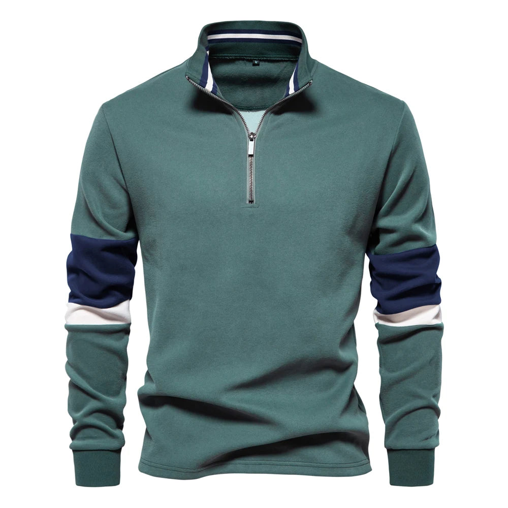 Men's Patchwork Quarter-Zip Sweatshirt - Cotton-Blend Casual Pullover