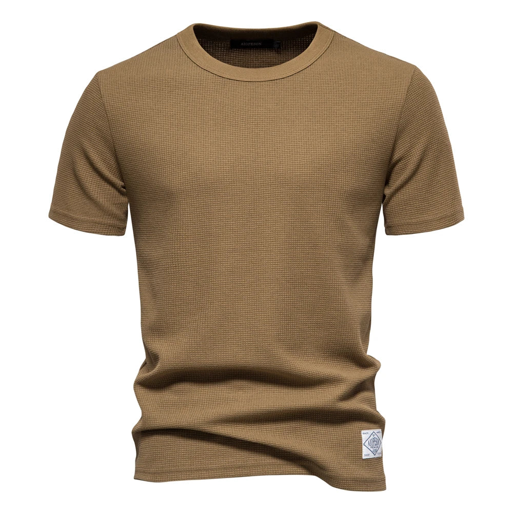 Men's Solid Color Waffle T-Shirt – Casual Short-Sleeve Travel Wear