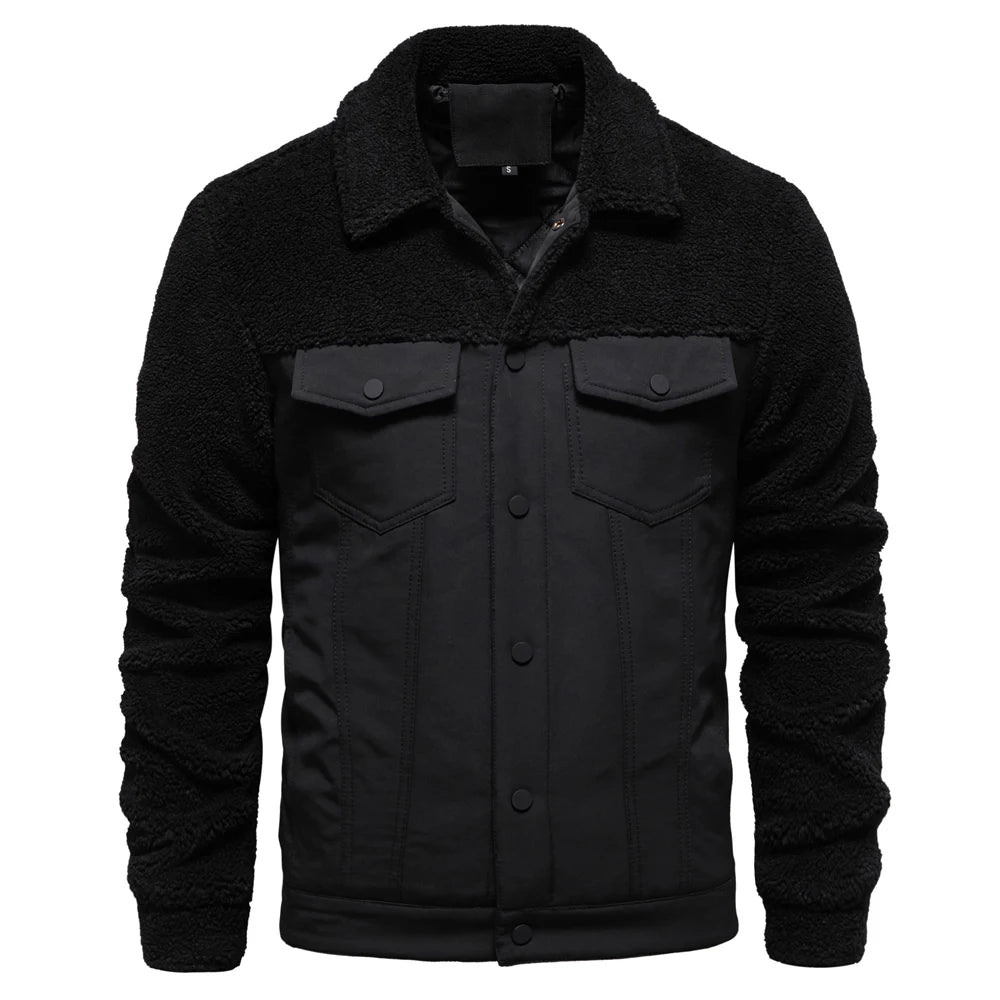 Men’s Sherpa Fleece Jacket – Warm Patchwork Fur Collar