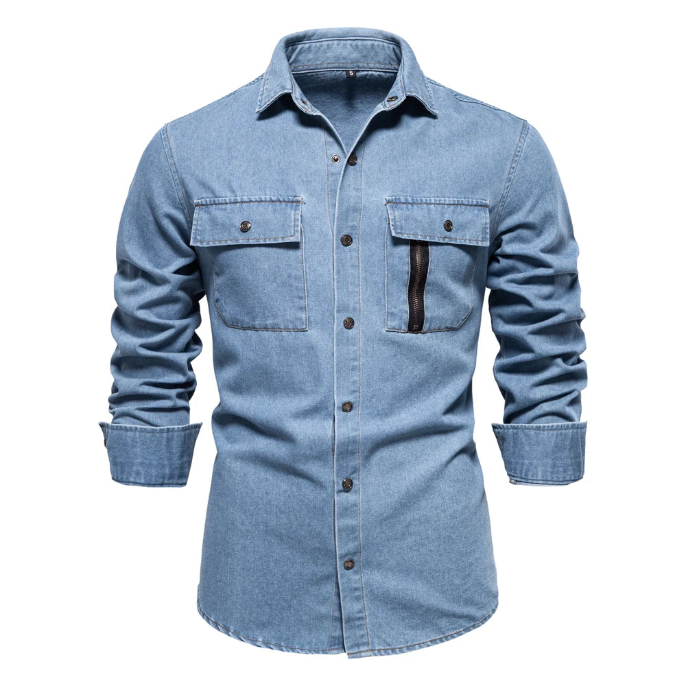 Men’s 100% Cotton Denim Shirt – Autumn Thick Cowboy Button-Up