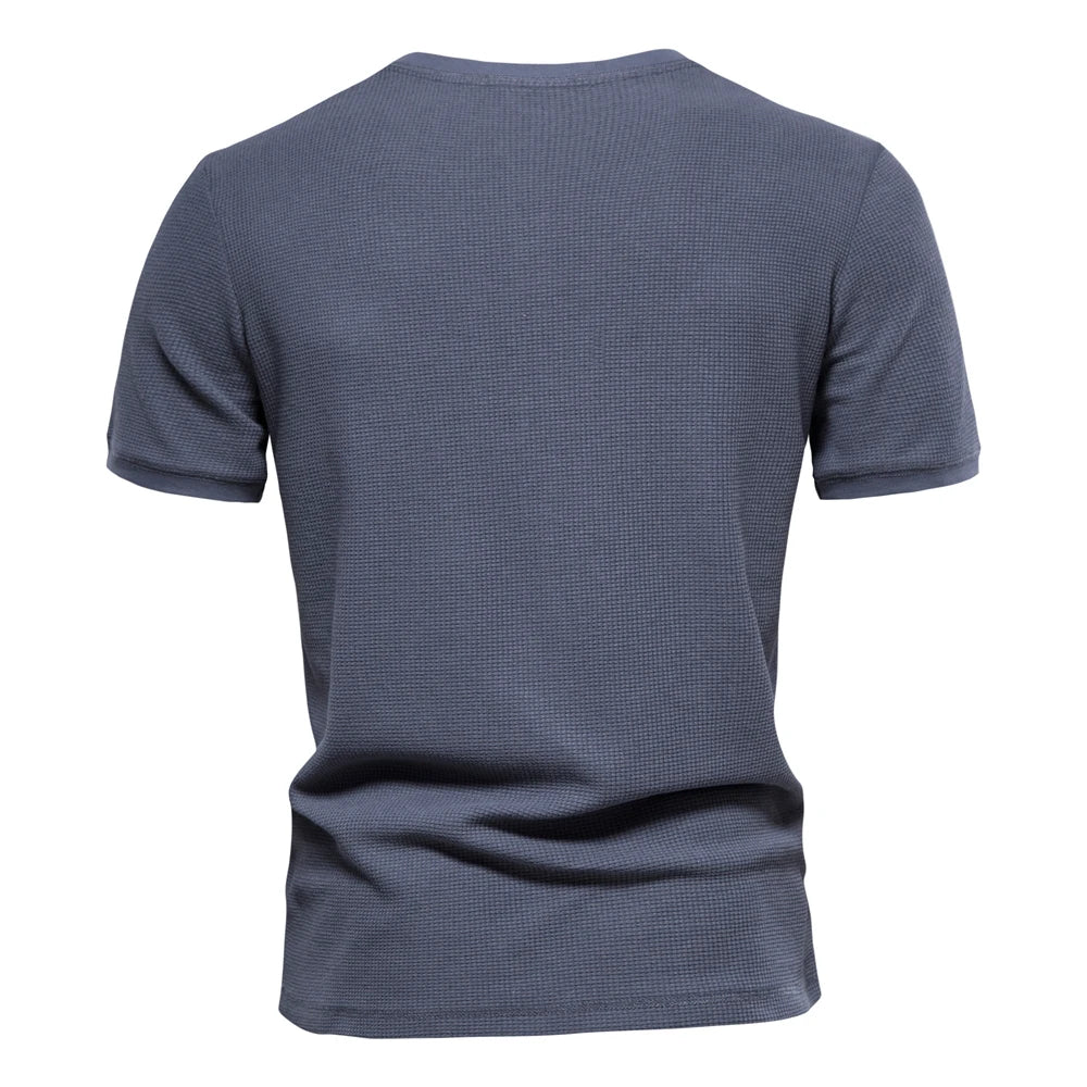 Men’s Cotton Waffle Henley T-Shirt – Solid Color Short Sleeve