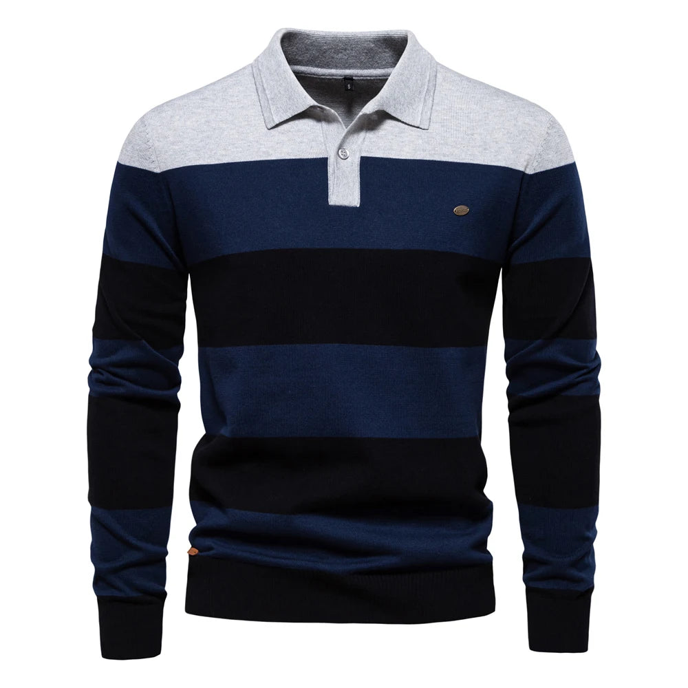 Men's Striped Cotton Knit Sweater – Polo Collar Button-Up