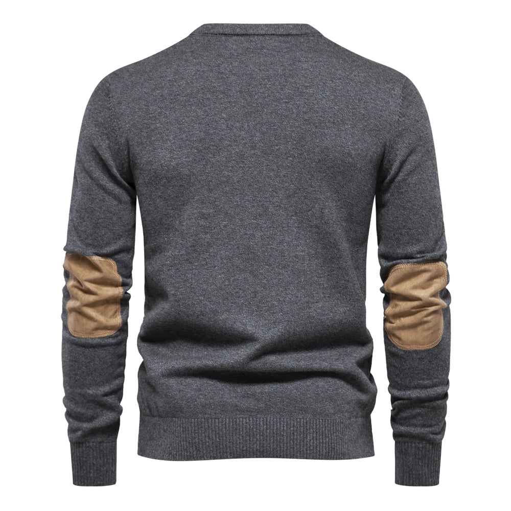 Men’s Autumn Cotton Sweater – O-Neck Patchwork Sleeve Pullover