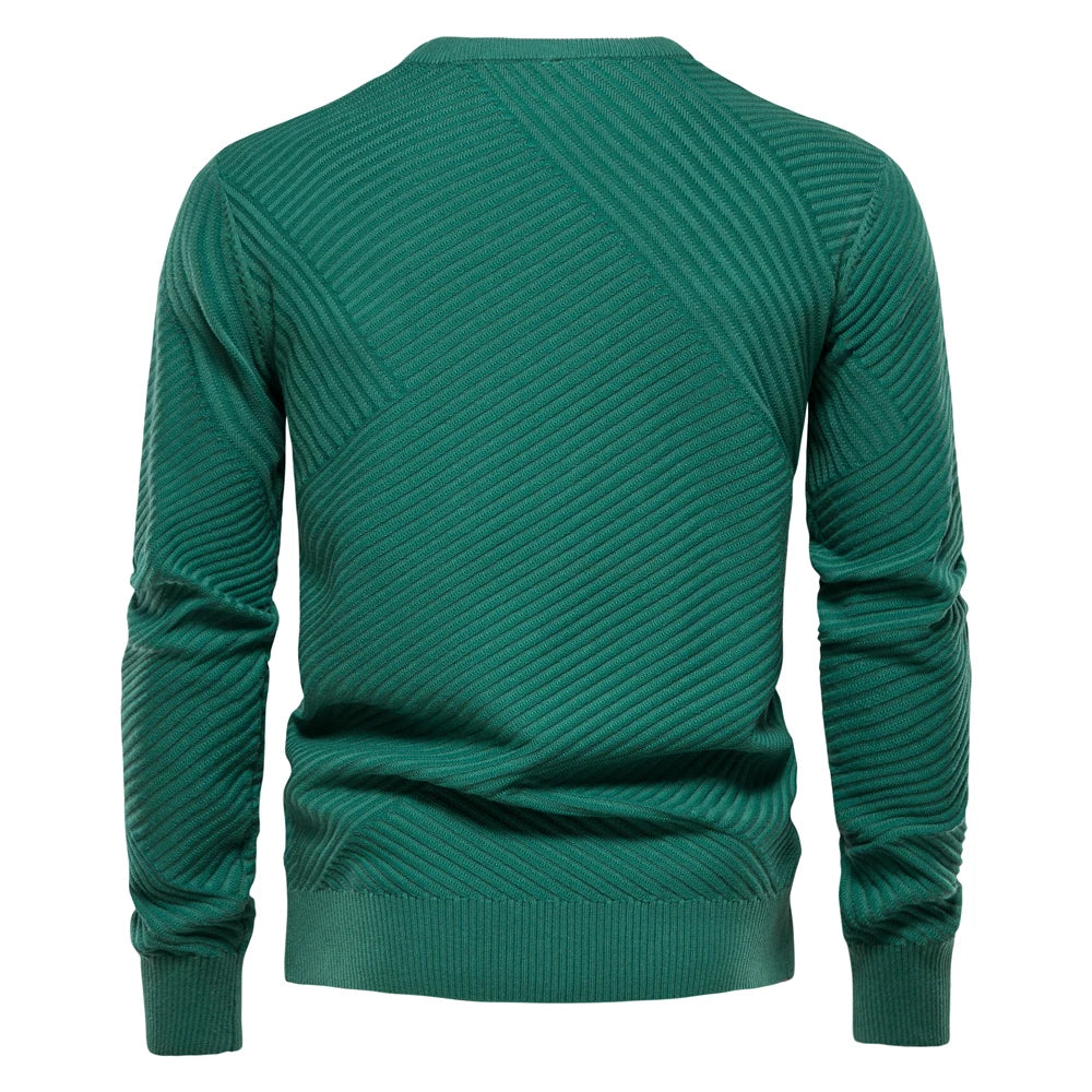 Men's Solid Color Cotton Sweater - Striped O-Neck Knitted Pullover