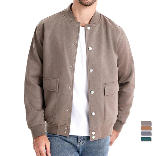 Men’s Suede Button-Up Bomber Jacket – Casual Baseball Style Outwear