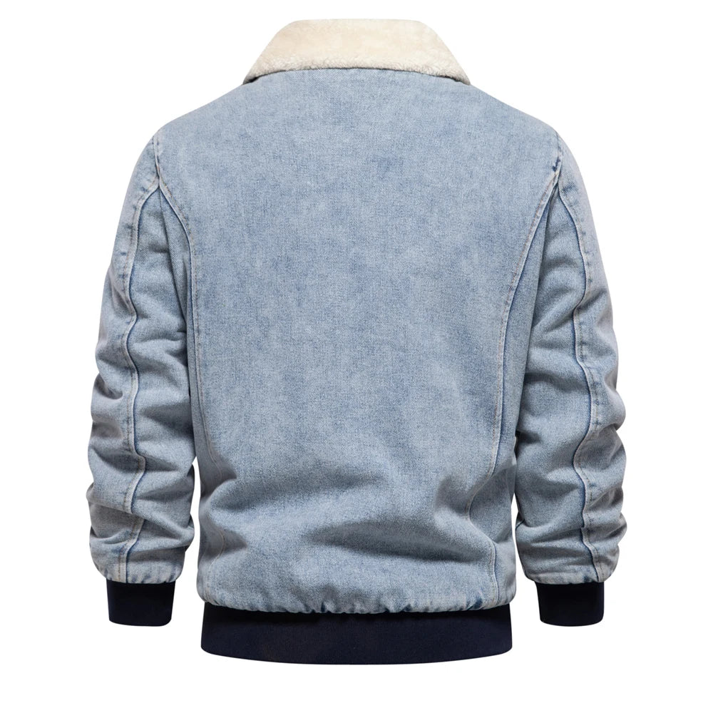 Men’s Autumn Winter Fleece-Lined Denim Jacket – Fur Collar Warm Coat