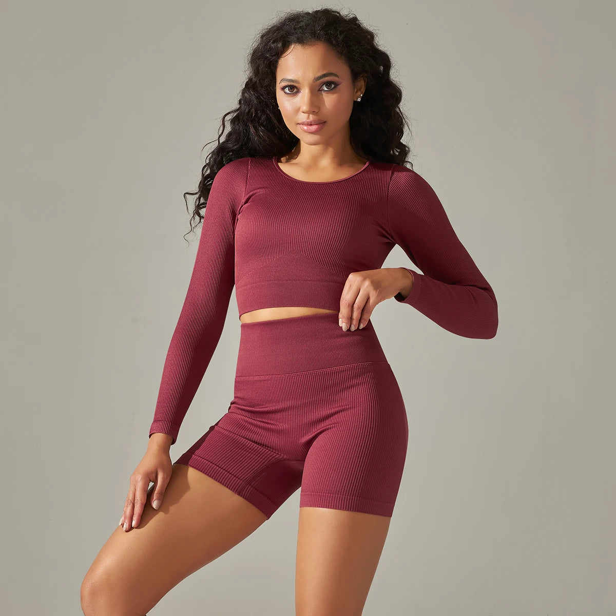 Seamless Set with Long Sleeve Crop Top & Shorts