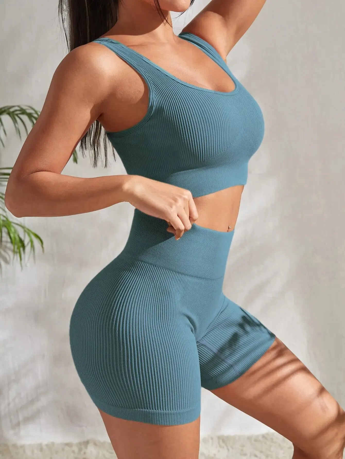 Seamless Ribbed Set – Crop Tank & High-Waist Shorts