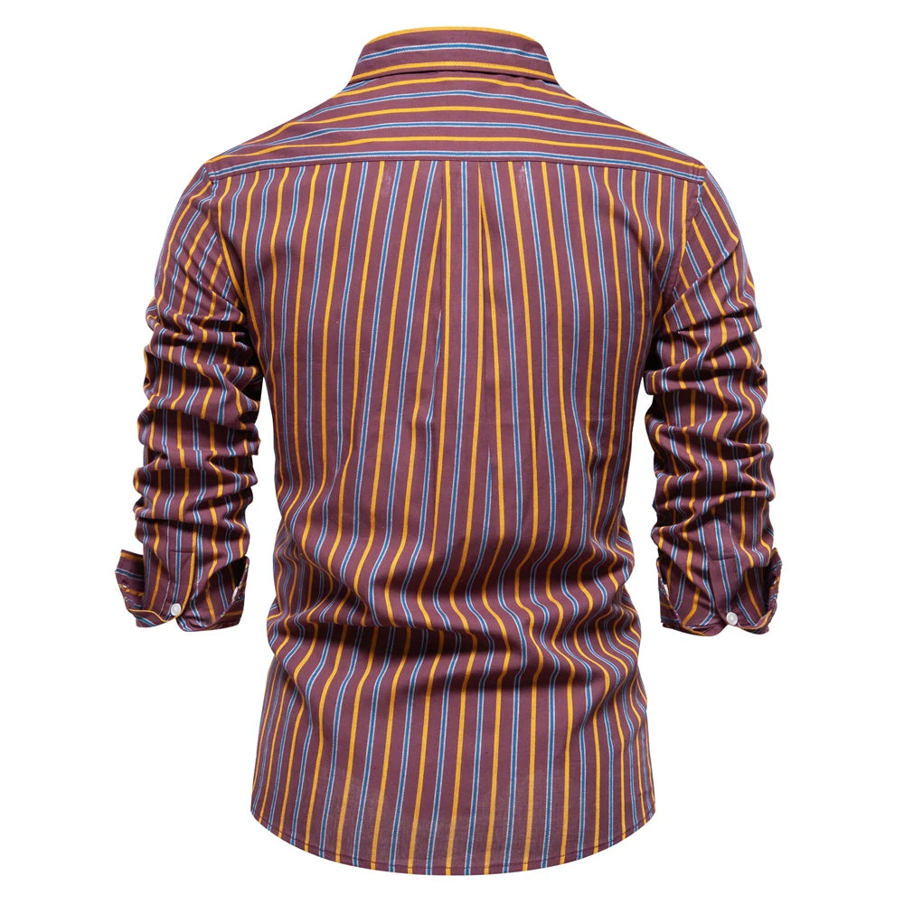 Men’s 100% Cotton Striped Shirt – Long Sleeve Turn-Down Collar Business Shirt