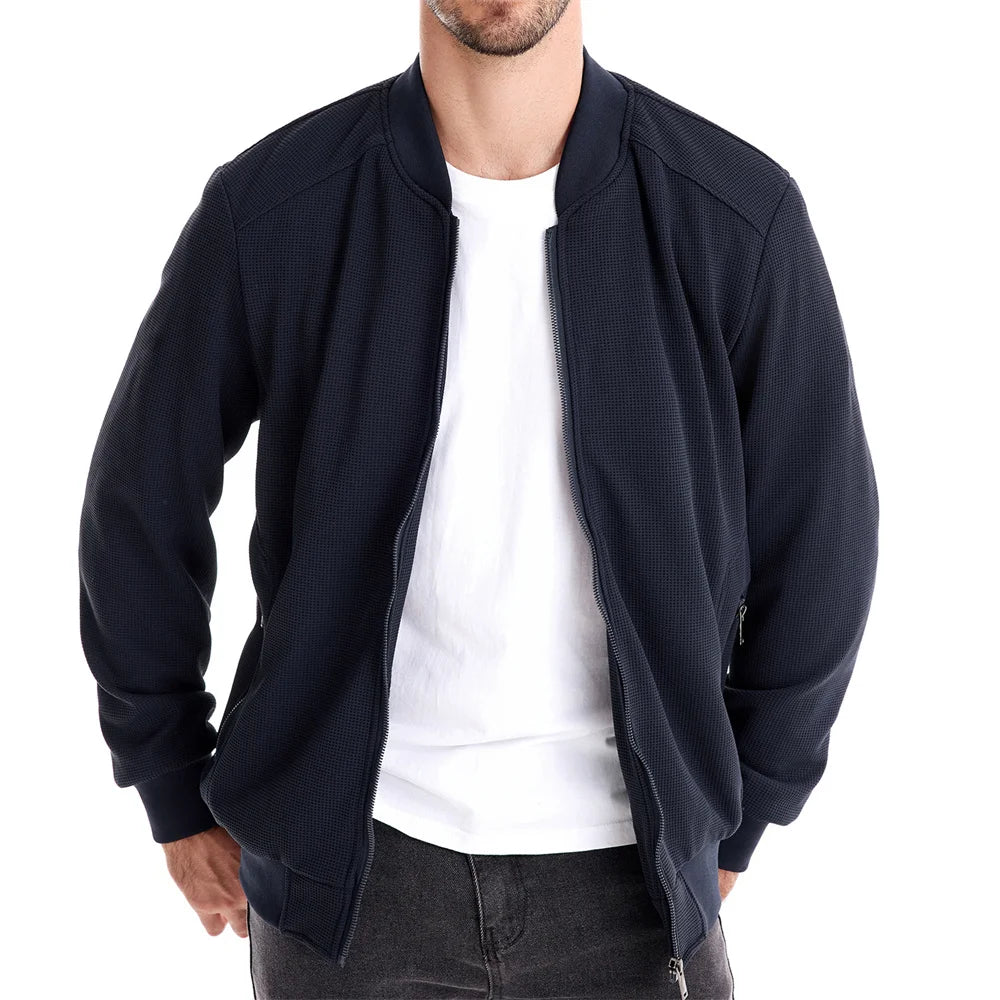 Men’s Waffle Fleece-Lined Bomber Jacket – Warm Zipper Pocket Outerwear