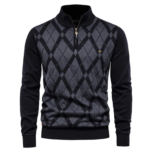 Men's Argyle Mock Neck Sweater – Cotton, Zipper Pullover, Warm Winter Knit