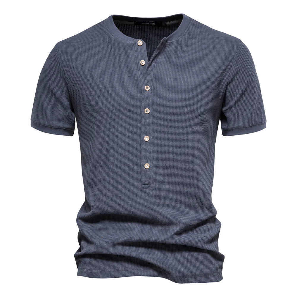 Men’s Cotton Waffle Henley T-Shirt – Solid Color Short Sleeve