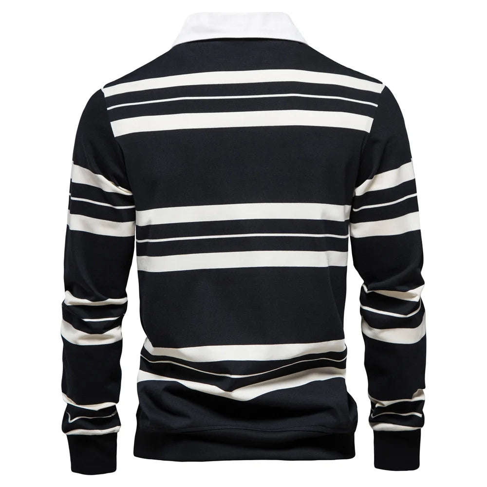 Men’s Cotton Striped Polo Shirt – Long Sleeve Zipper Design