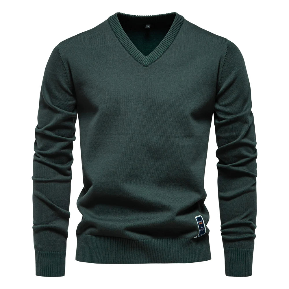 Men’s V-Neck Cotton Pullover Sweater – Casual Knitted Long Sleeve