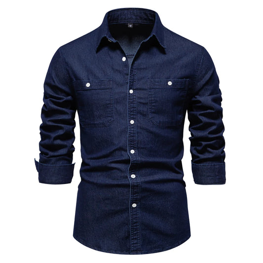 Men’s Autumn Denim Shirt – Slim Fit Cotton-Elastic Double Pocket