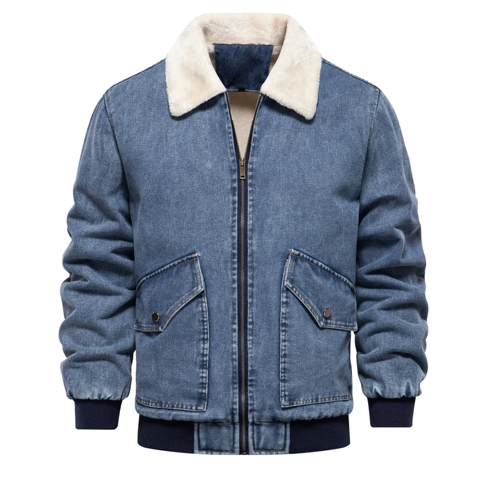 Men’s Autumn Winter Fleece-Lined Denim Jacket – Fur Collar Warm Coat