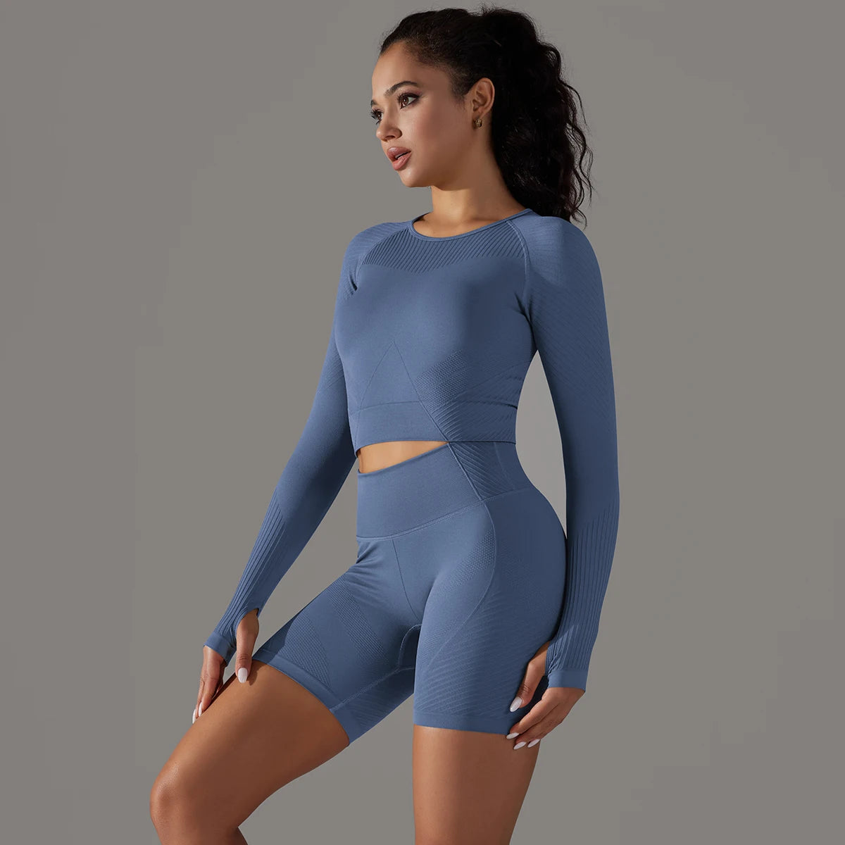 Seamless Shorts & Long Sleeve Crop Top Set