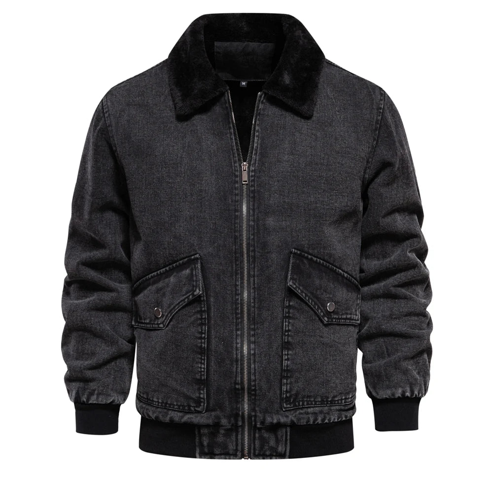 Men’s Autumn Winter Fleece-Lined Denim Jacket – Fur Collar Warm Coat