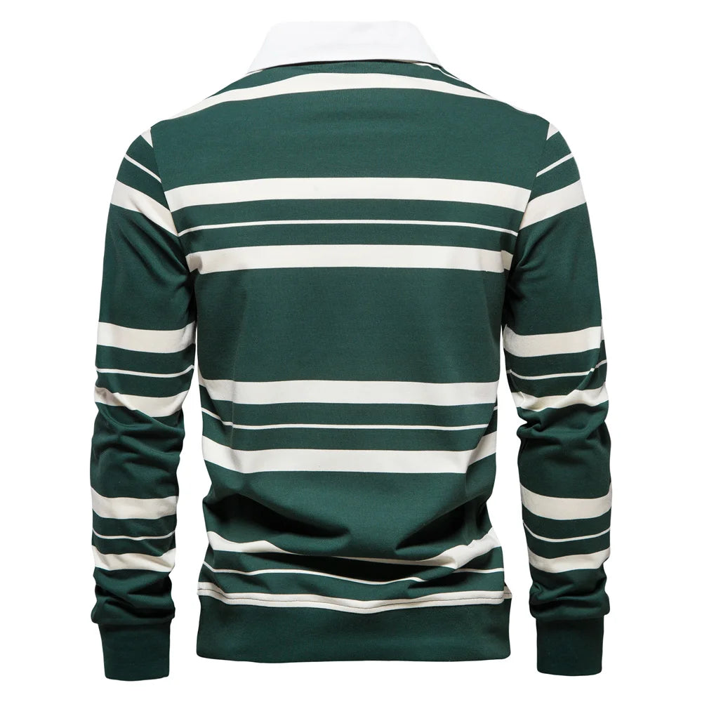 Men’s Cotton Striped Polo Shirt – Long Sleeve Zipper Design