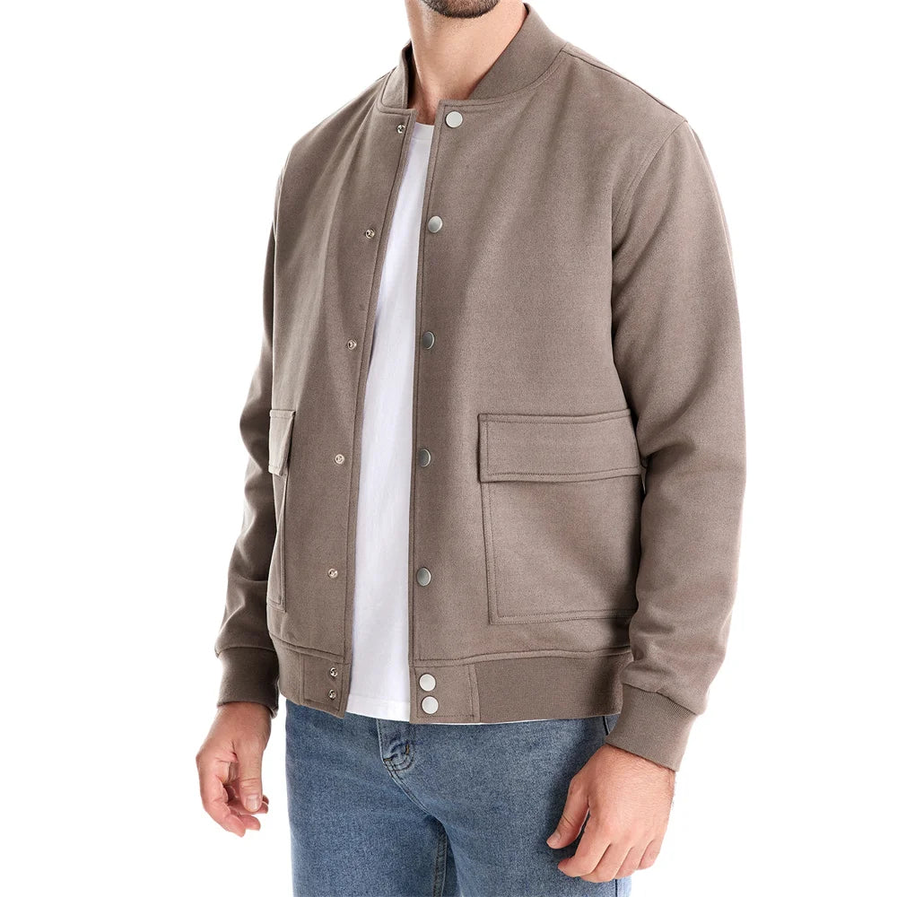 Men’s Suede Button-Up Bomber Jacket – Casual Baseball Style Outwear