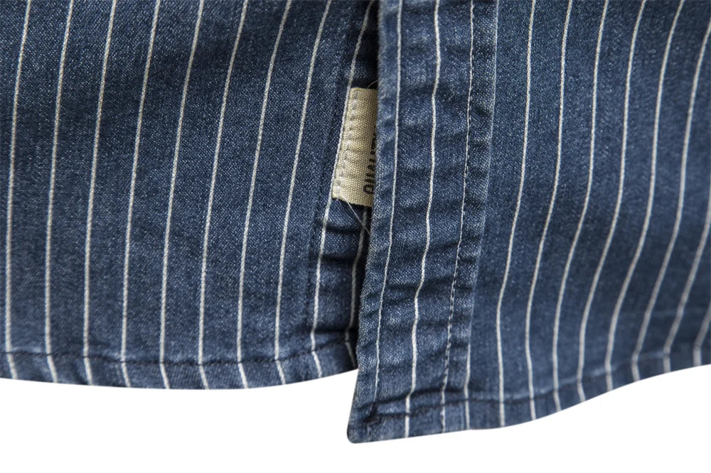 Men’s Striped Denim Shirt – Cotton Stretch Long Sleeve Casual Slim Fit