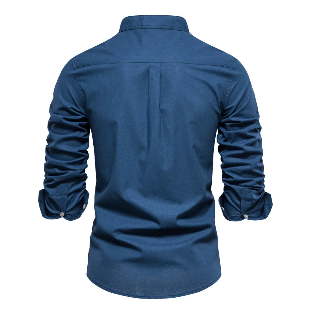 Men's 100% Cotton Shirt – Breathable Stand Collar Long Sleeve