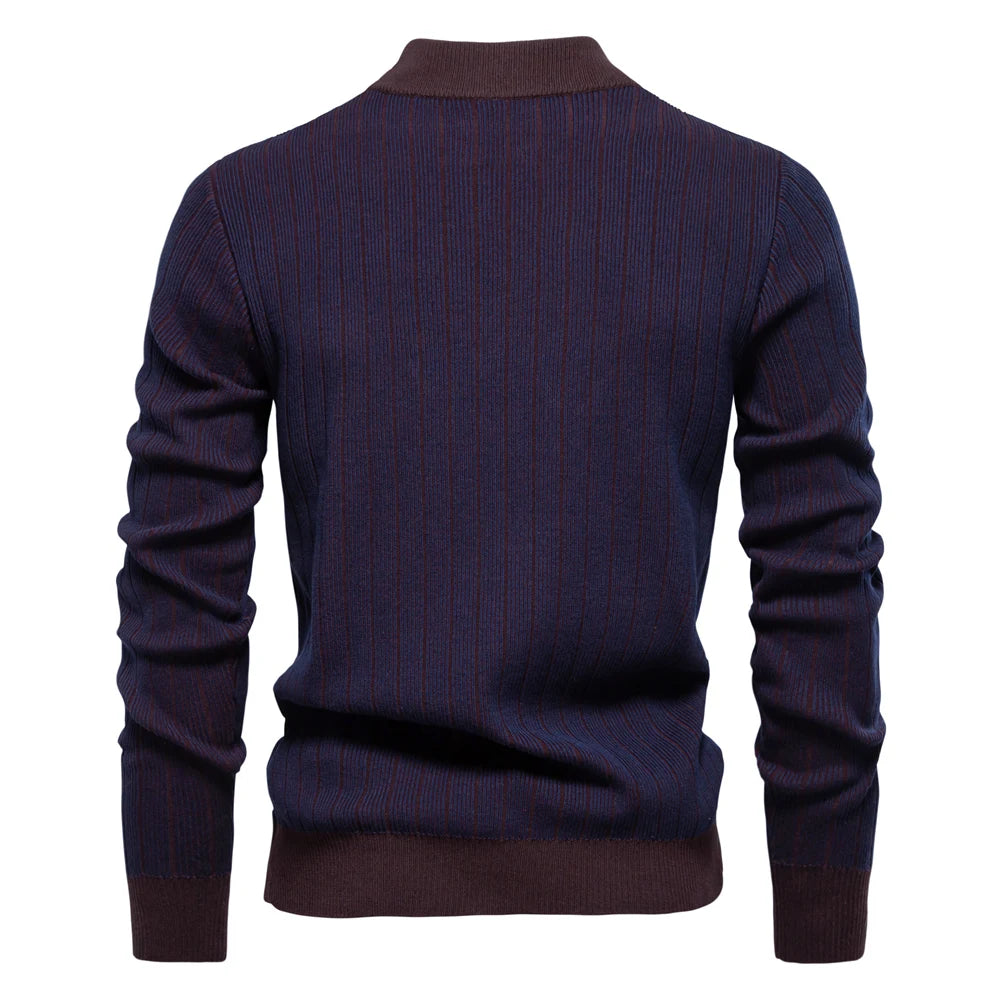 Men’s Mock Neck Cotton Pullover Sweater – Warm Striped Knit