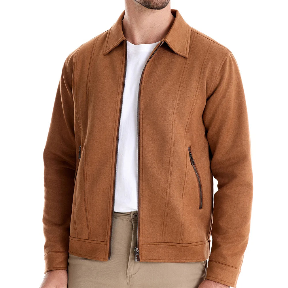 Men’s Brown Suede Faux Leather Jacket – Classic Trucker Style