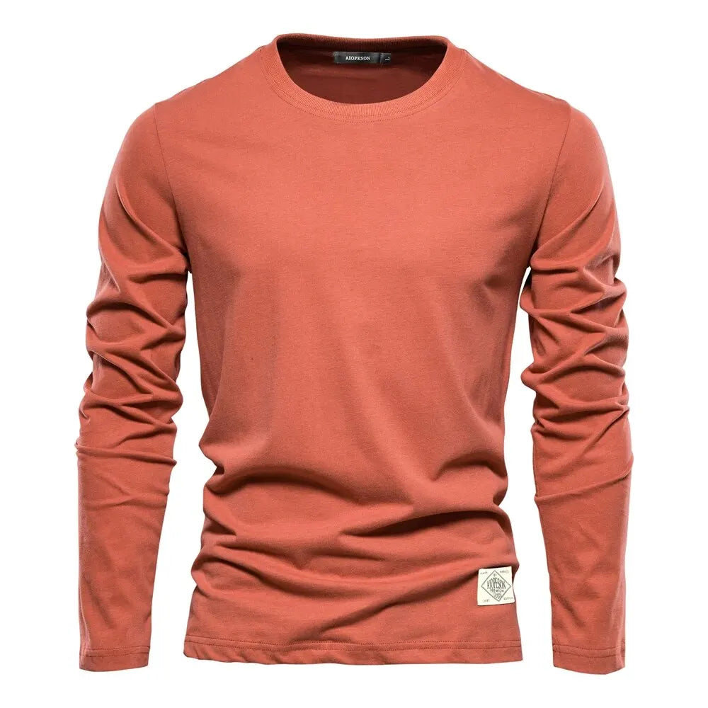 Men’s 100% Cotton Long Sleeve T-Shirt – Solid Casual Spring Classic