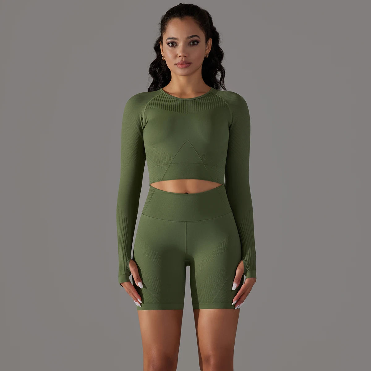 Seamless Shorts & Long Sleeve Crop Top Set