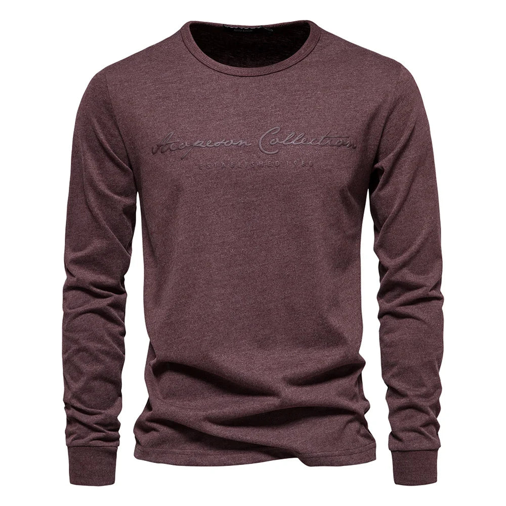 Men’s 100% Cotton Long Sleeve T-Shirt – Solid Color with Letter Print