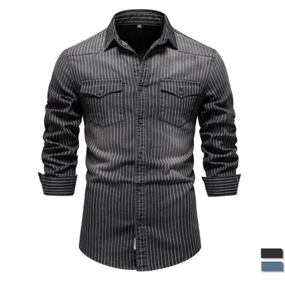 Men’s Striped Denim Shirt – Cotton Stretch Long Sleeve Casual Slim Fit