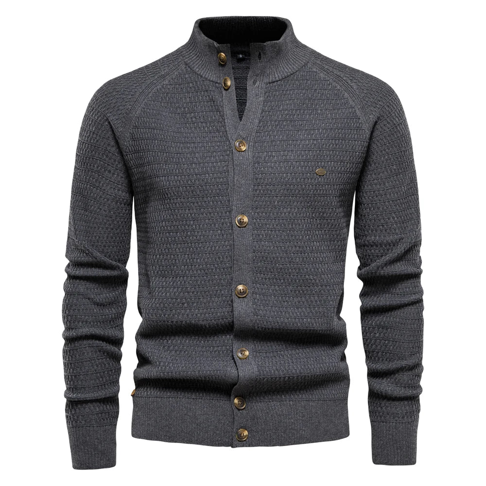 Men’s High-Quality Cotton Button Mock Neck Cardigan – Winter Sweater