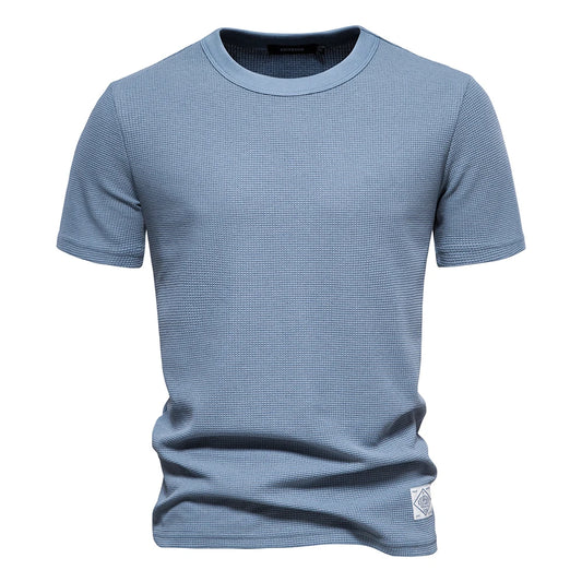 Men's Solid Color Waffle T-Shirt – Casual Short-Sleeve Travel Wear