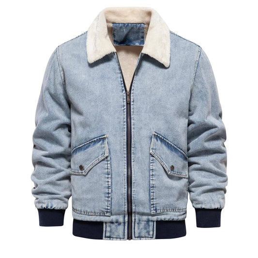 Men’s Autumn Winter Fleece-Lined Denim Jacket – Fur Collar Warm Coat