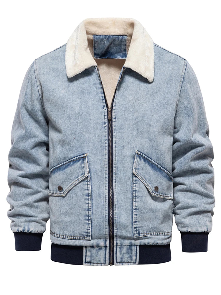 Men’s Autumn Winter Fleece-Lined Denim Jacket – Fur Collar Warm Coat