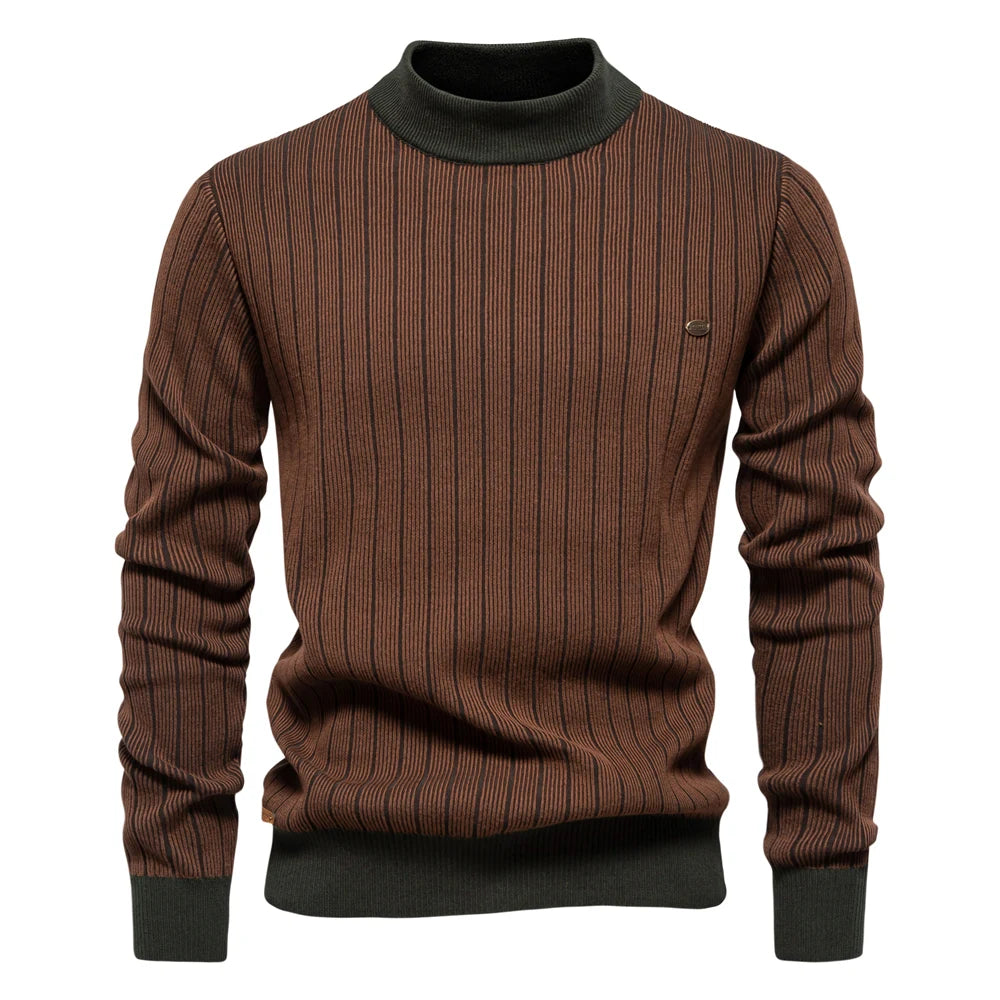 Men’s Mock Neck Cotton Pullover Sweater – Warm Striped Knit